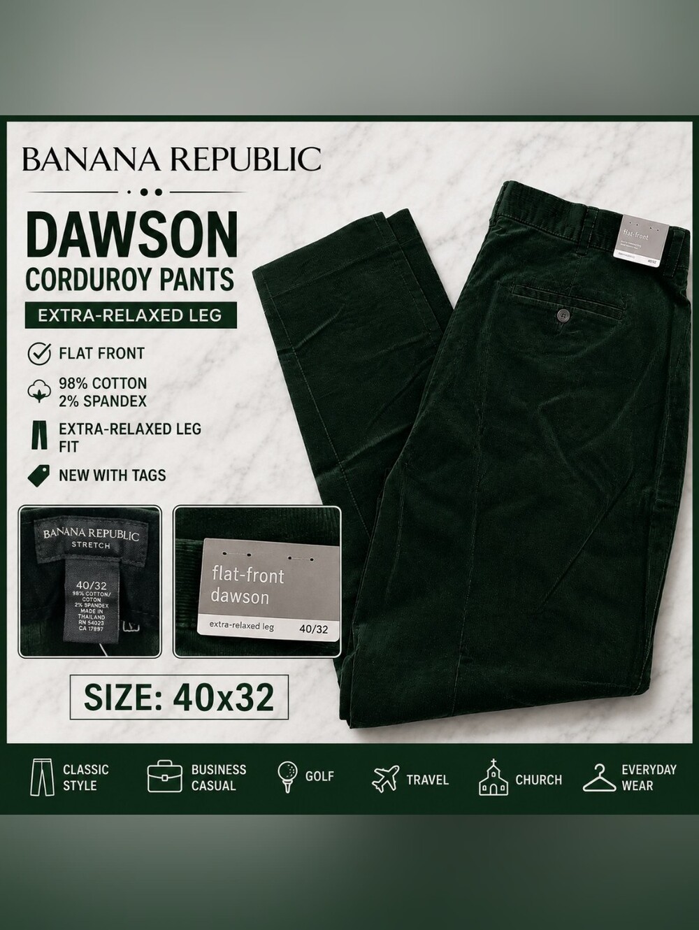Banana Republic Dark Green Corduroy Flat-Front Pants